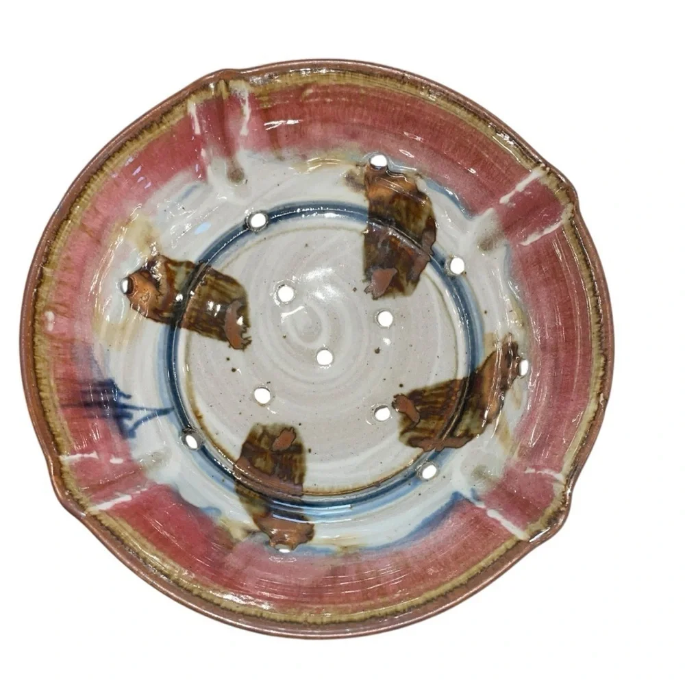 Handmade ET Signed Artisan Ceramic Berry Bowl Rustic Glazed Footed Colander